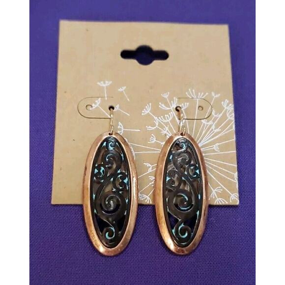Copper Tone Metal Dangle Earrings, Oval Shape with Antiqued Bronze Scrollwork - Picture 1 of 10